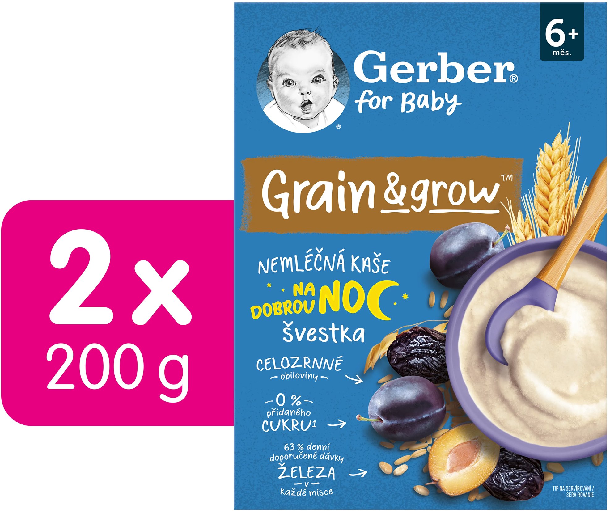 GERBER nemliečna kaša pšenično-ovsená slivka 2× 200 g