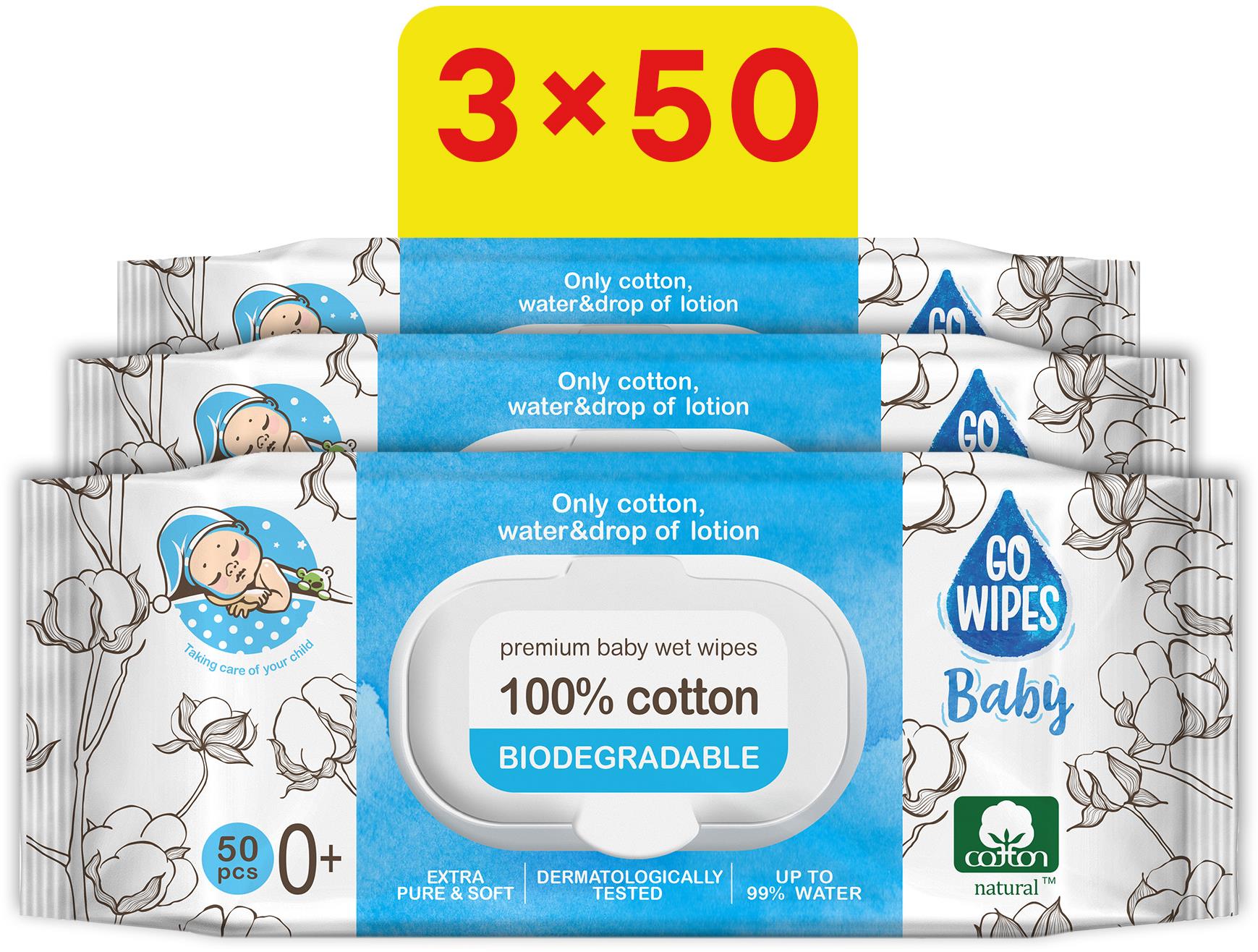 GoWipes 99 % vody Plastic Free 3× 50 ks (150 ks)