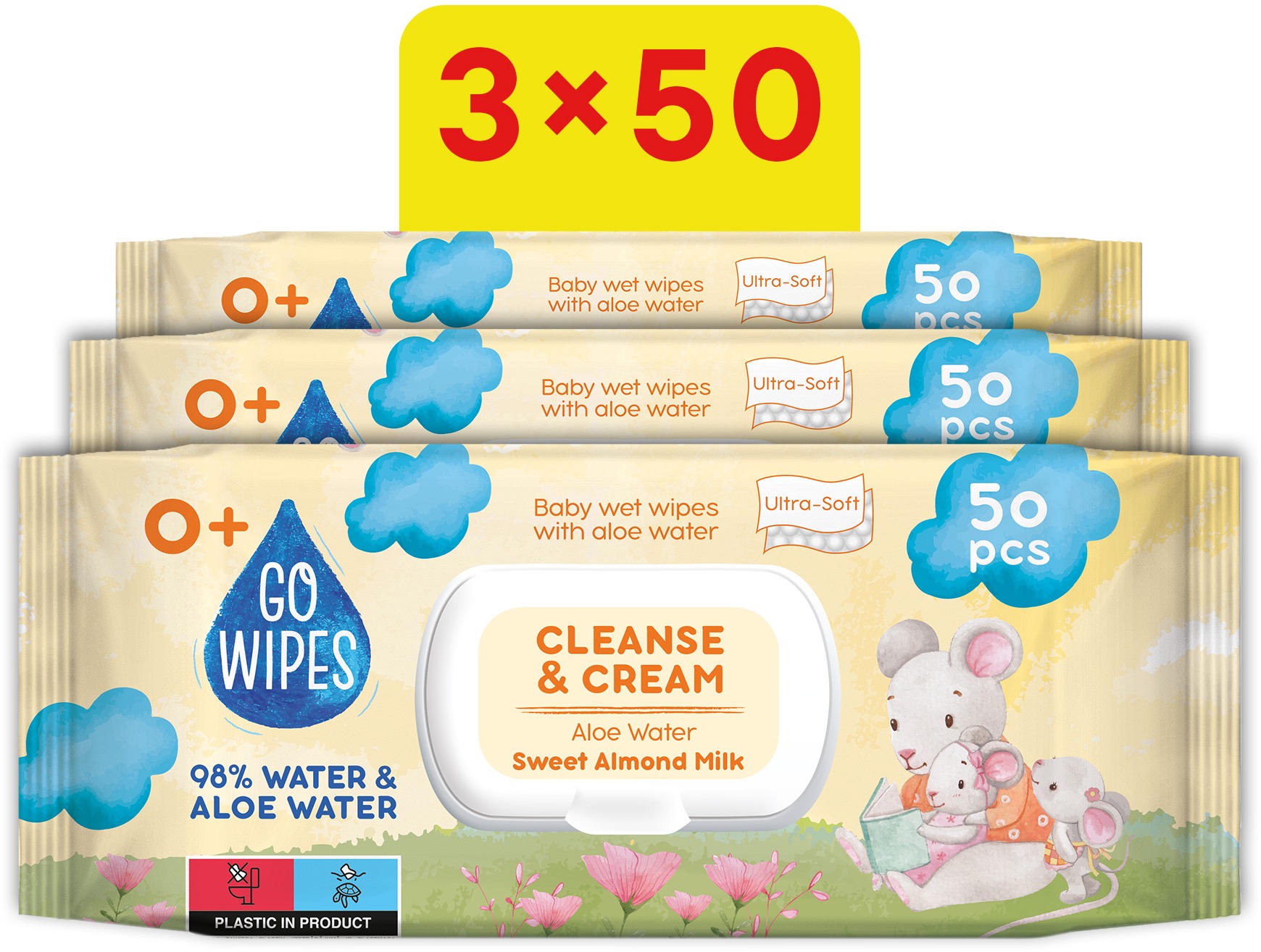 GoWipes s Aloe vodou a mandľovým mliekom 3× 50 ks (150 ks)