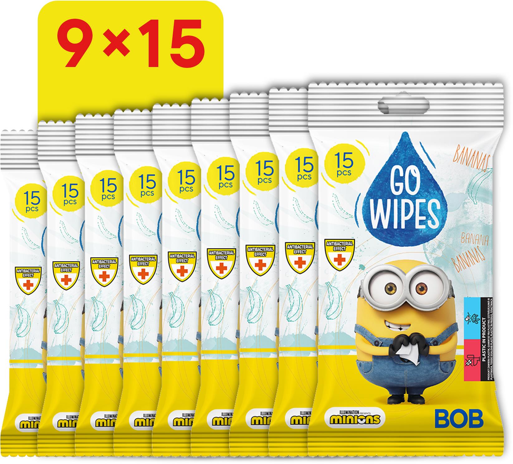 GoWipes vlhčené antibakteriálne obrúsky Mimoň 9× 15 ks (135 ks)