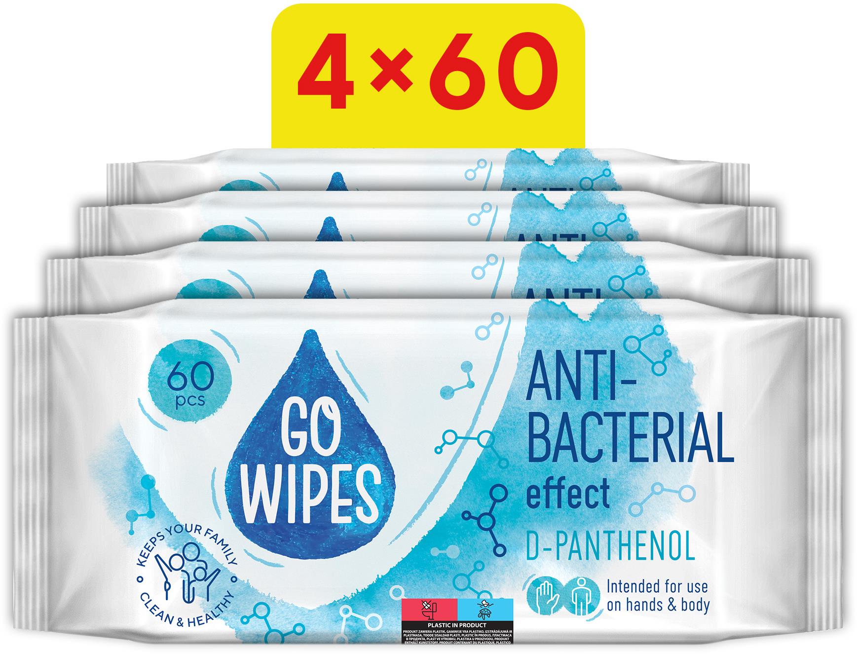 GoWipes vlhčené antibakteriálne obrúsky 4× 60 ks (240 ks)