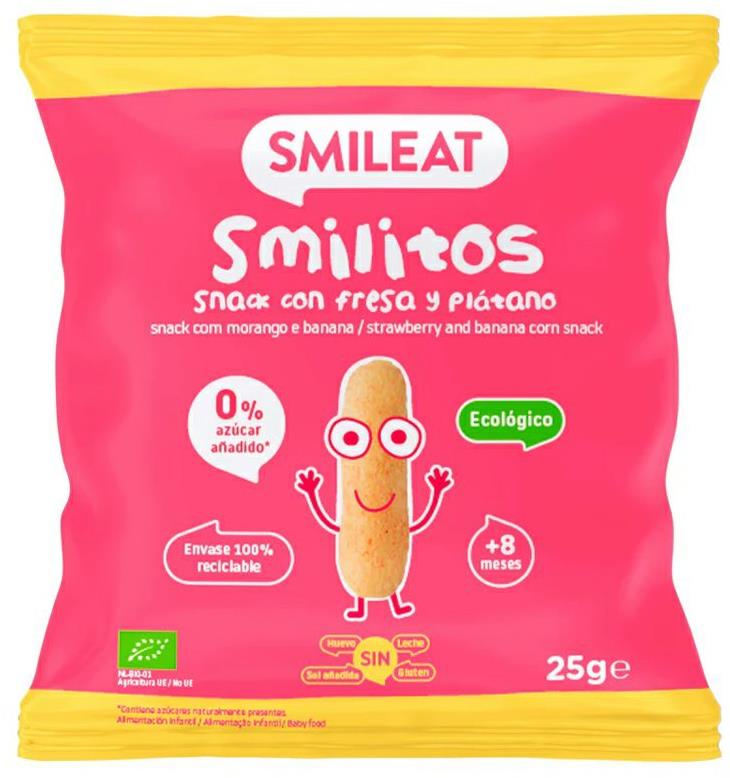 SMILEAT Bio kukuričné chrumky banán a jahoda s extra panenským olivovým olejom a vitamínom B1m 25 g