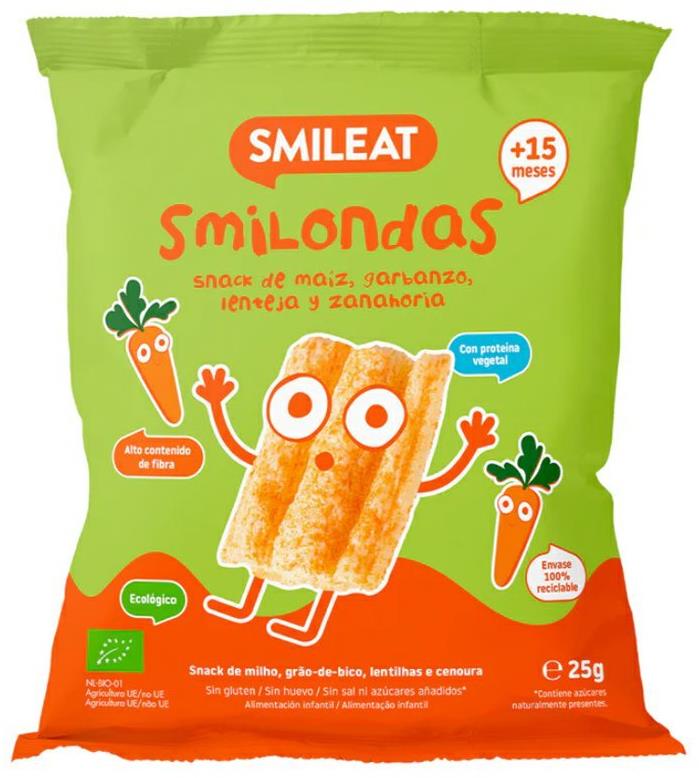 SMILEAT Bio kukuričné chrumky hrášok, šošovica, mrkva s olivovým olejom a vitamínom B1 25 g