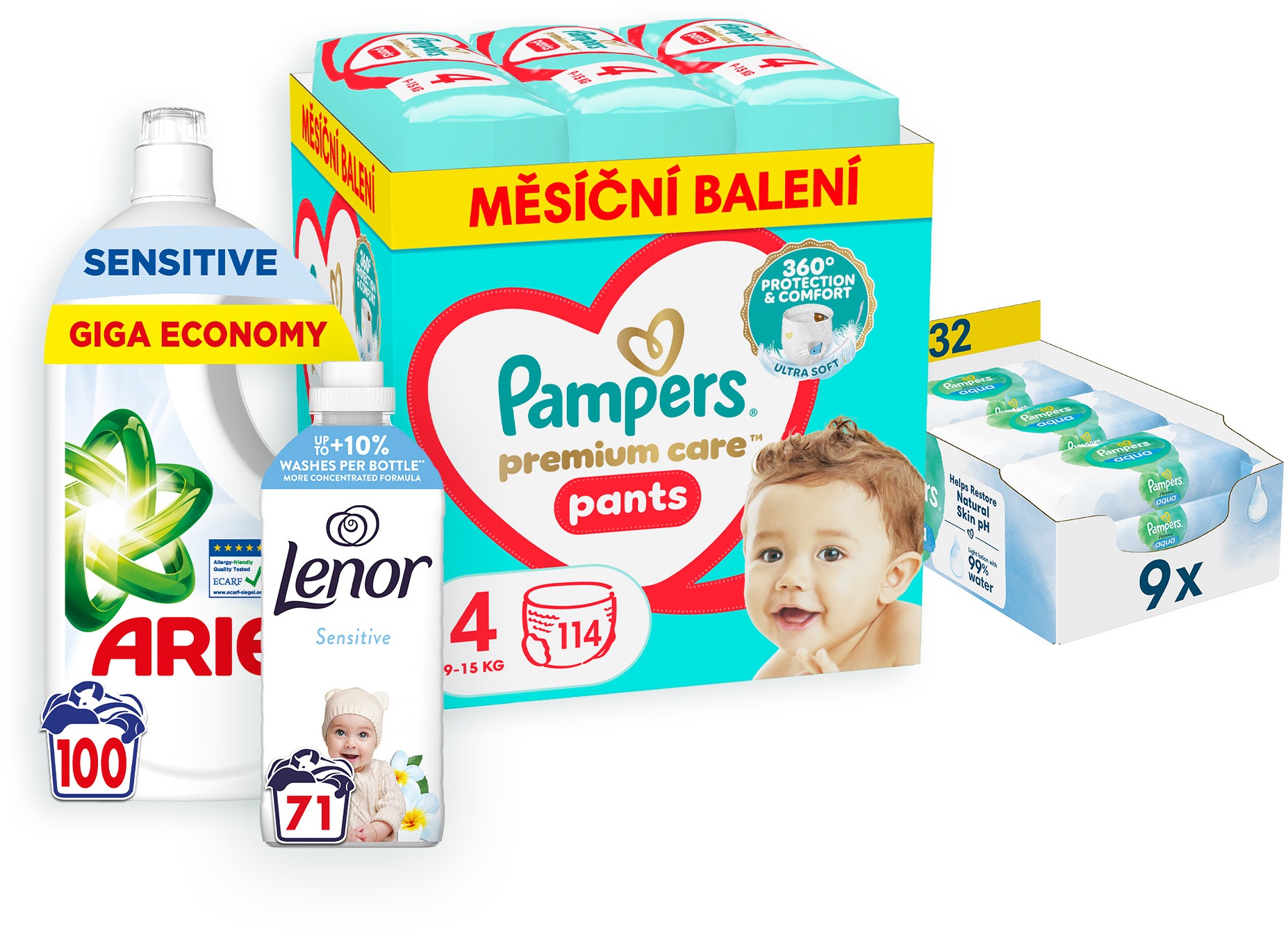 PAMPERS balíček IV. (plienkové nohavičky veľ. 4 – 114 ks, vlhčené obrúsky, prací gél a aviváž)