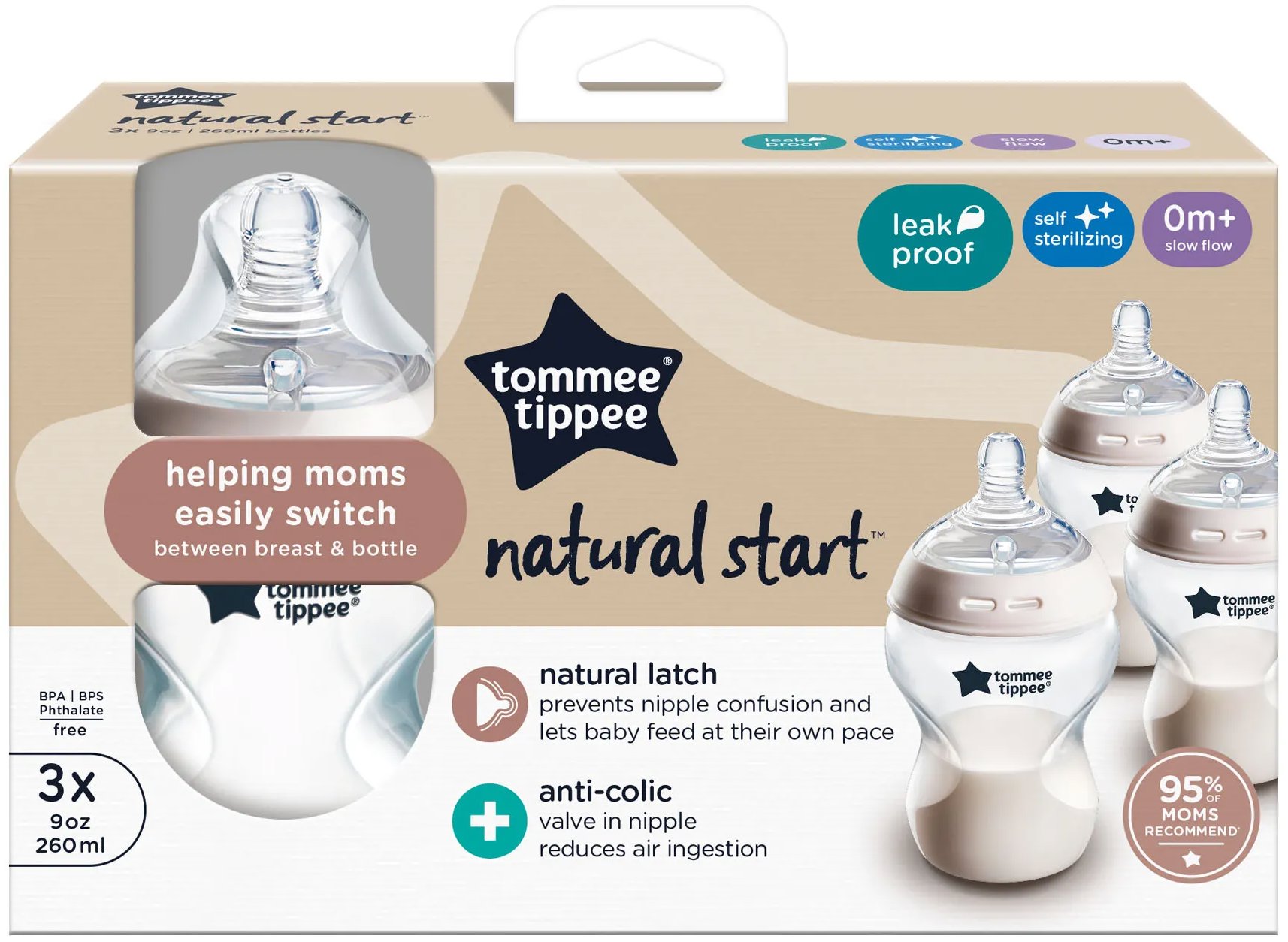 Tommee Tippee Natural Start s ANTI-COLIC cumlíkom 260 ml, 0 m+, 3 ks