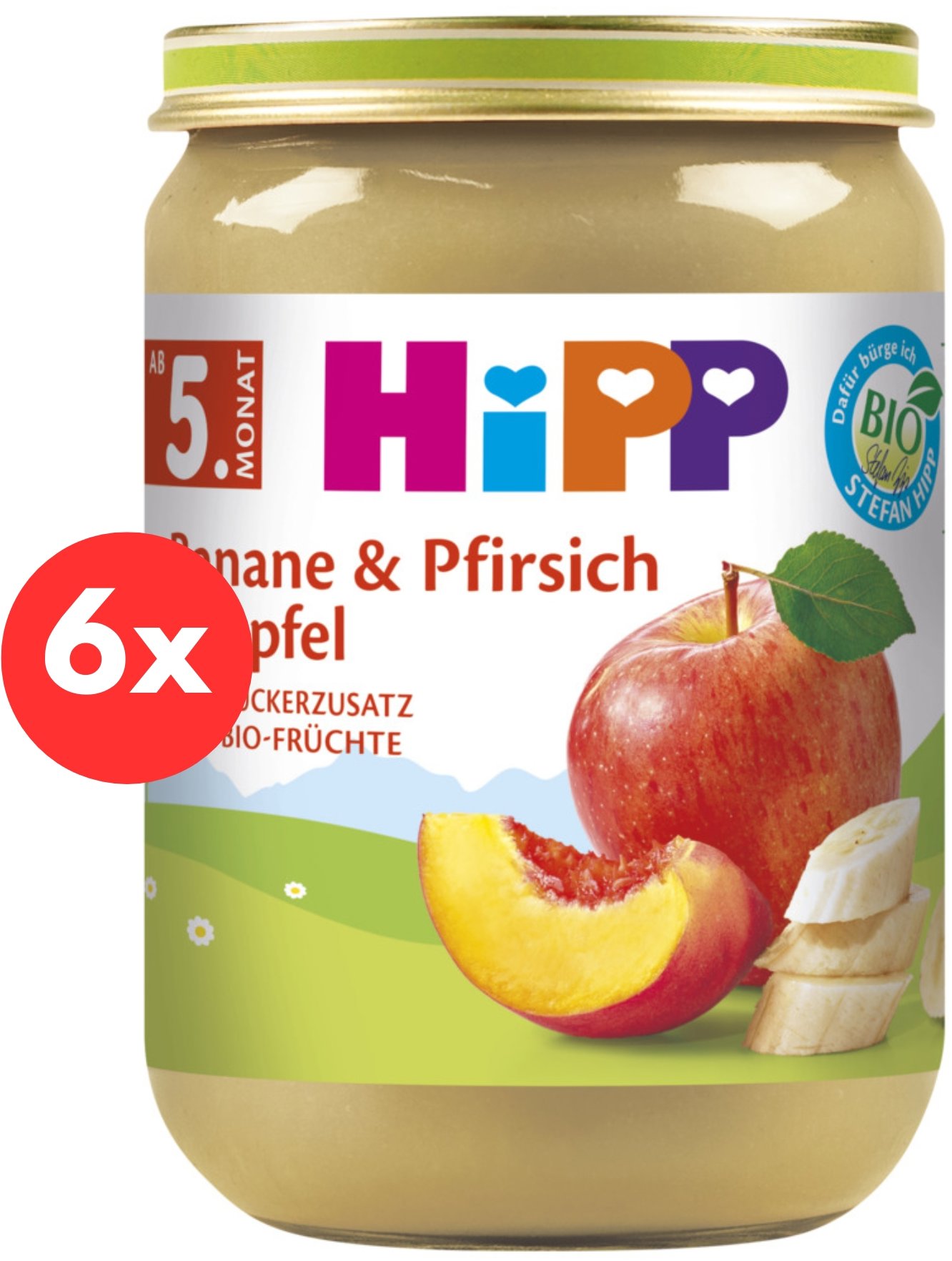 HiPP BIO Jablká s banánmi a broskyňami od uk. 4. – 6. mesiaca, 6× 190 g