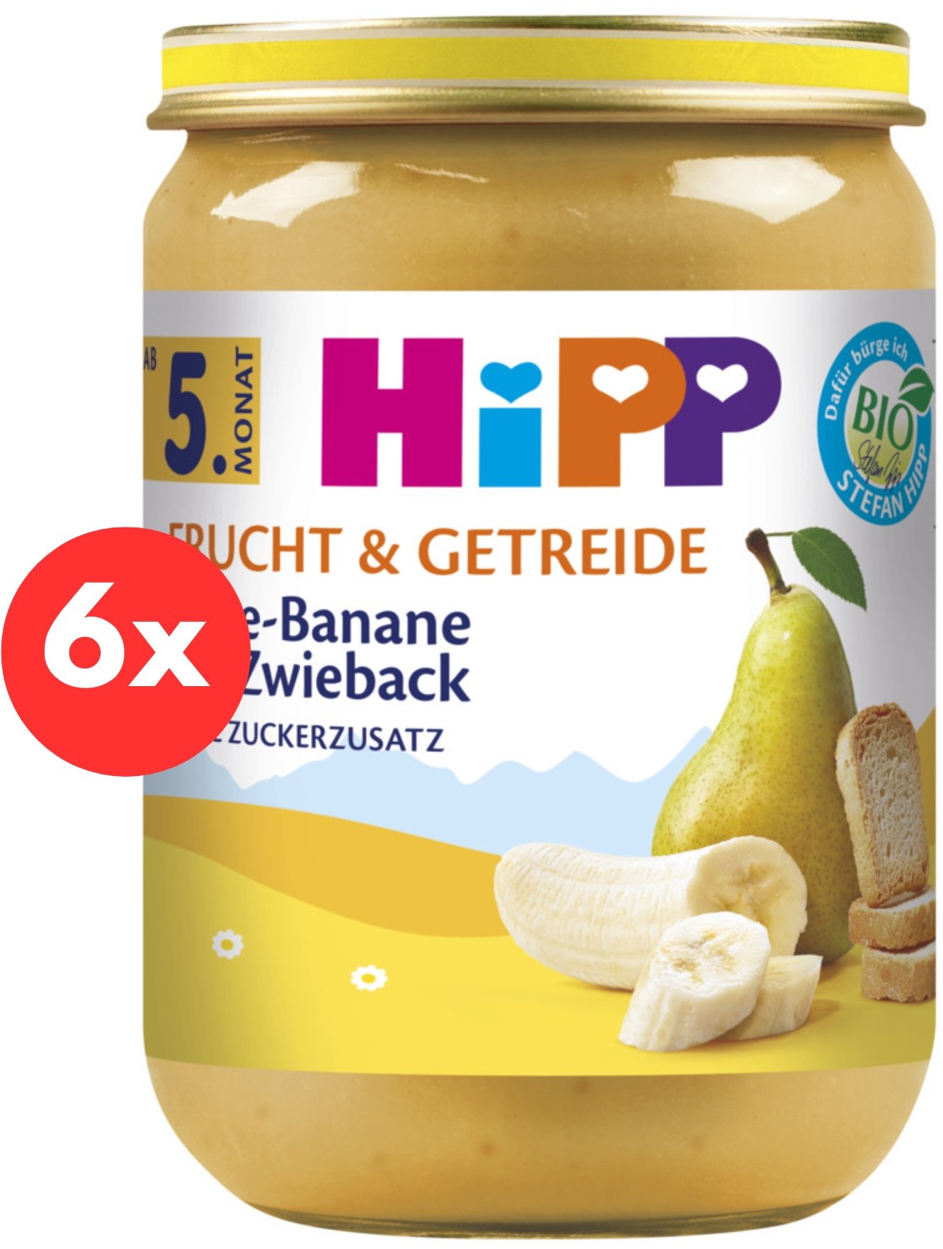 HiPP BIO Ovocie a cereálie hruška-banán-sucháre, od uk. 4. – 6. mesiaca, 6× 190 g