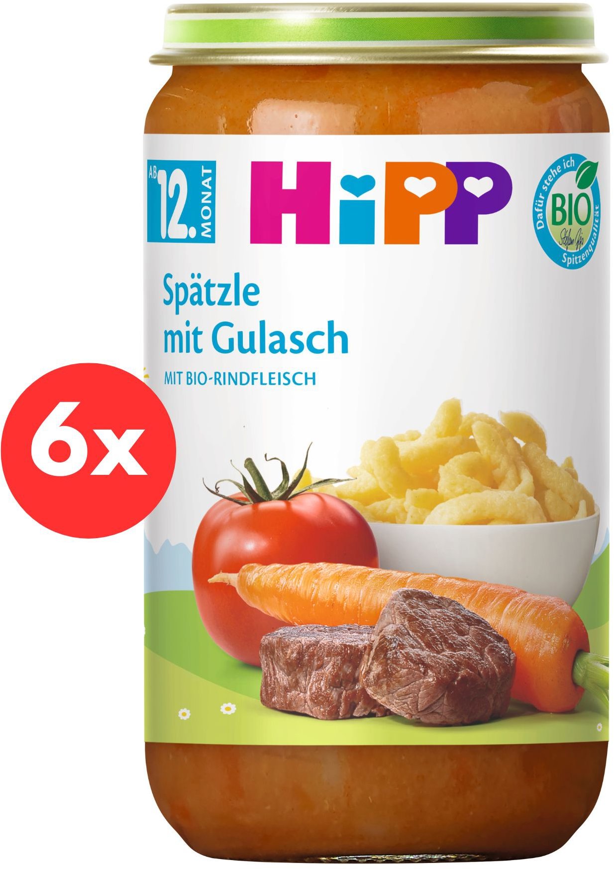 HiPP BIO Špecle a guláš (zelenina (54 %) a hovädzie mäso) 6× 250 g