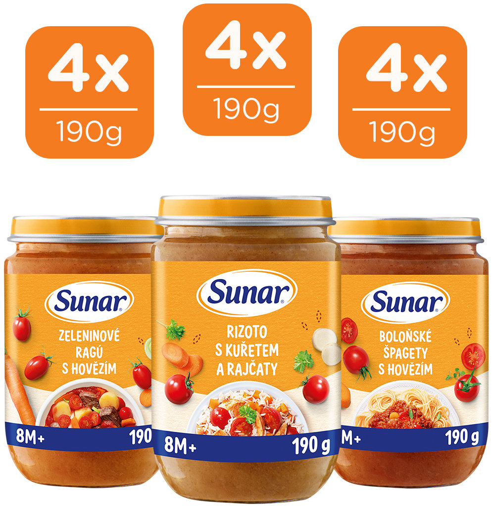 Sunar mäsovo-zeleninový príkrm mix príchutí 8M+, 12× 190 g