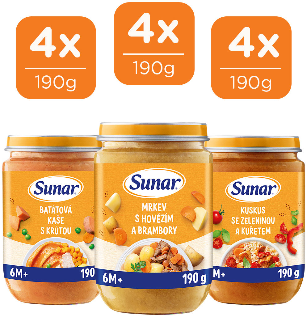 Sunar mäsovo-zeleninový príkrm mix príchutí 6m+, 12× 190 g