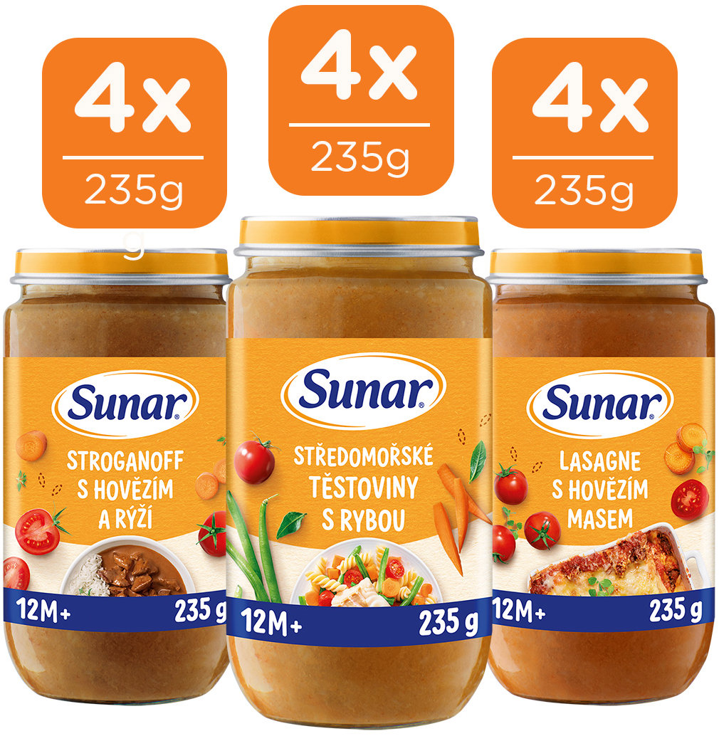 Sunar mäsovo-zeleninový príkrm mix príchutí 12m+, 12× 235 g