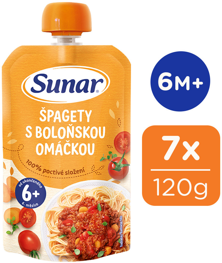 Sunar príkrm špagety s bolonskou omáčkou 6 mes.+, 7× 120 g