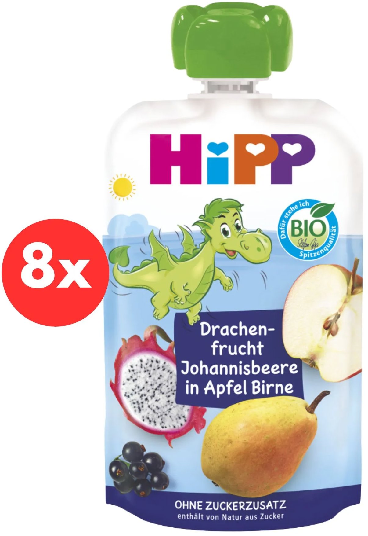 HiPP BIO Hippis Jablko-Hruška-Dračie ovocie-Čierne ríbezle 8× 100 g