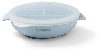 BabyOno silikónový tanier s prísavkou a viečkom modrý