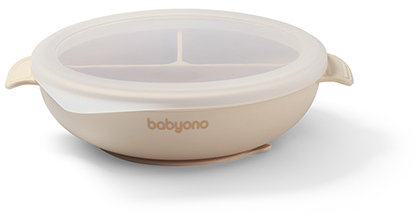 BabyOno silikónový tanier s prísavkou a viečkom béžový