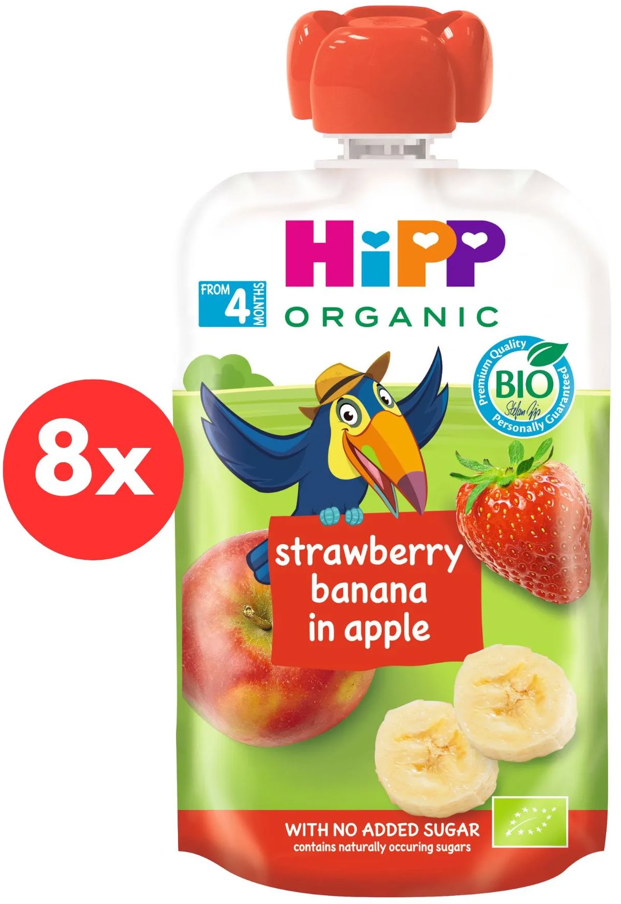 HiPP BIO 100 % ovocie Jablko-Banán-Jahoda od uk. 4. mesiaca, 8× 100 g