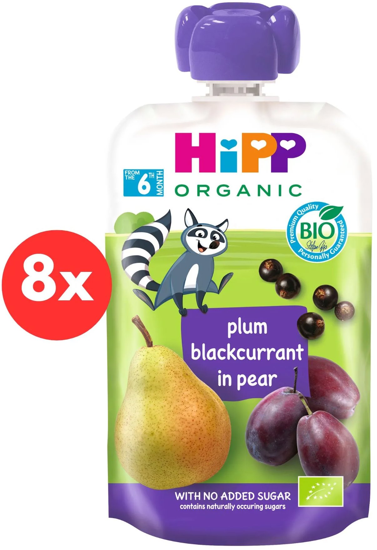 HiPP BIO 100 % ovocie Hruška-Čierne ríbezle-Slivka 8× 100 g