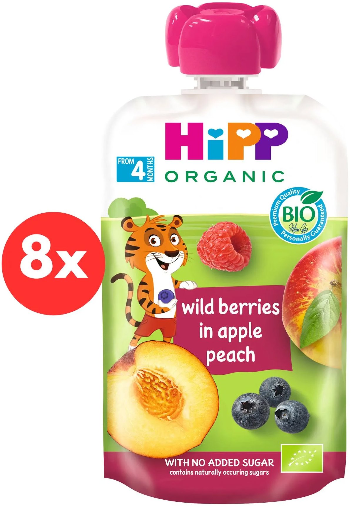 HiPP BIO 100 % ovocie Jablko-Broskyňa-Lesné ovocie od uk. 4. mesiaca, 8× 100 g