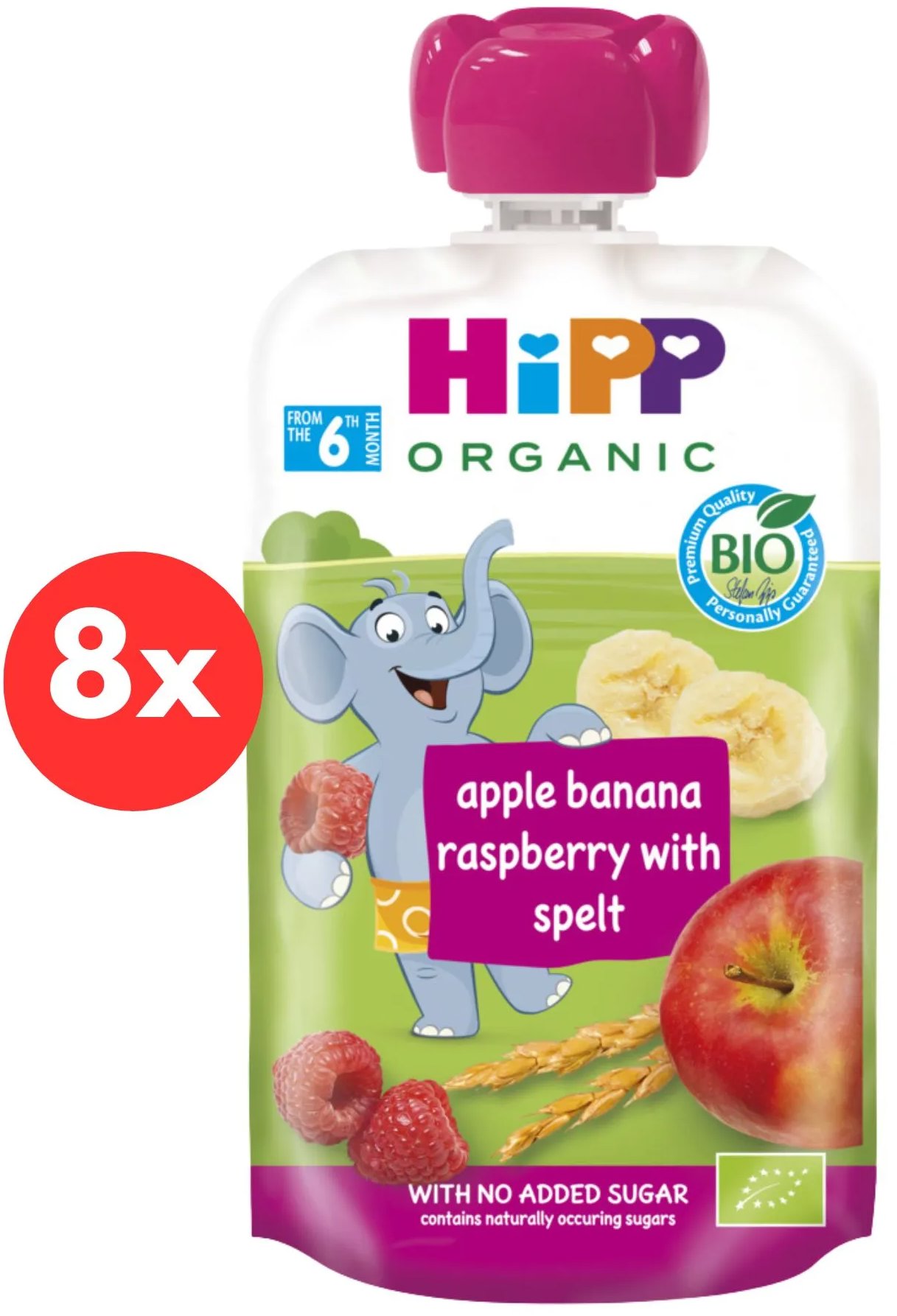 HiPP BIO Hippies Jablko-Banán-Maliny-Špalda 8× 100 g
