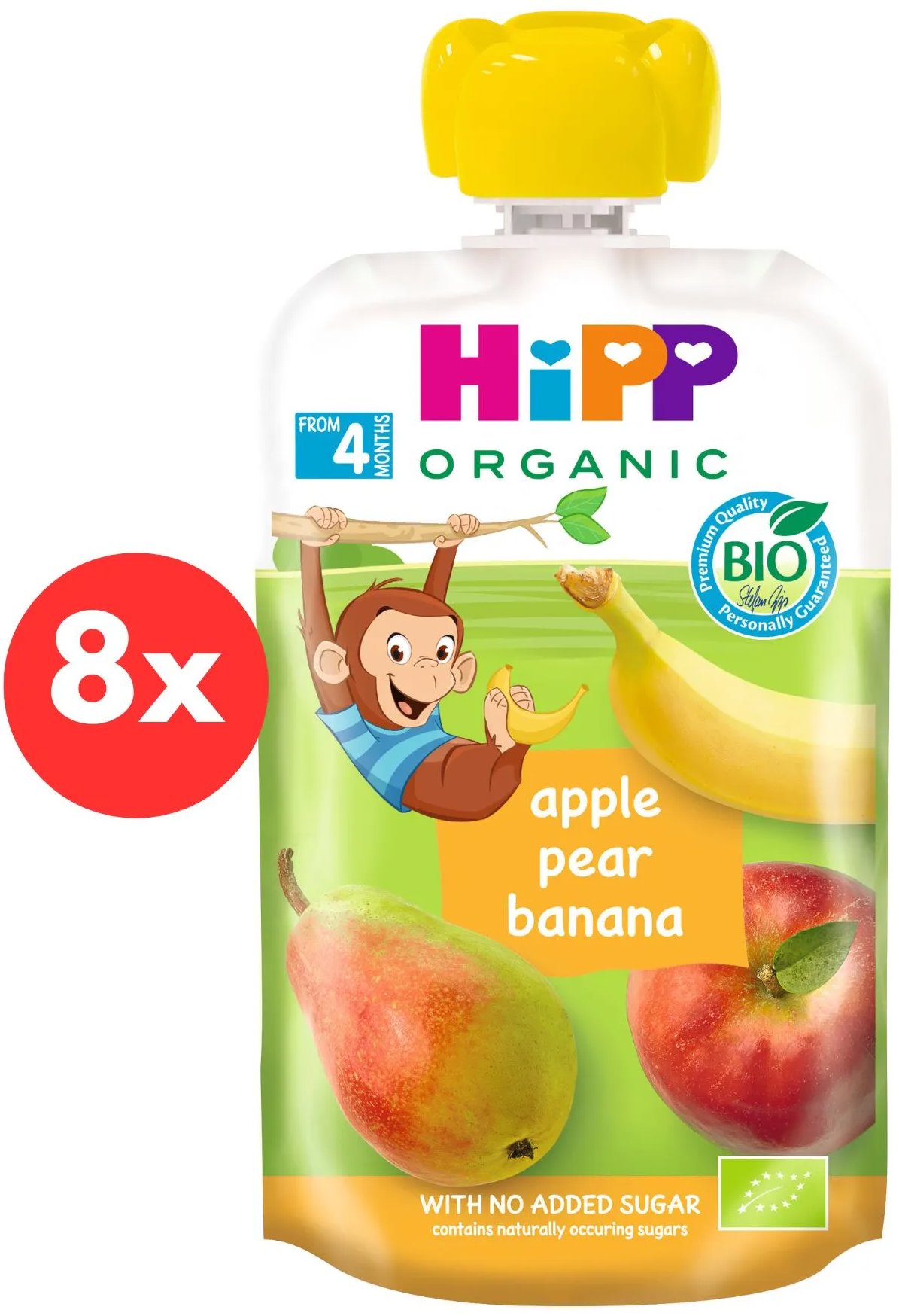 HiPP BIO 100 % ovocie Jablko-Hruška-Banán od uk. 4. mesiaca, 8× 100 g