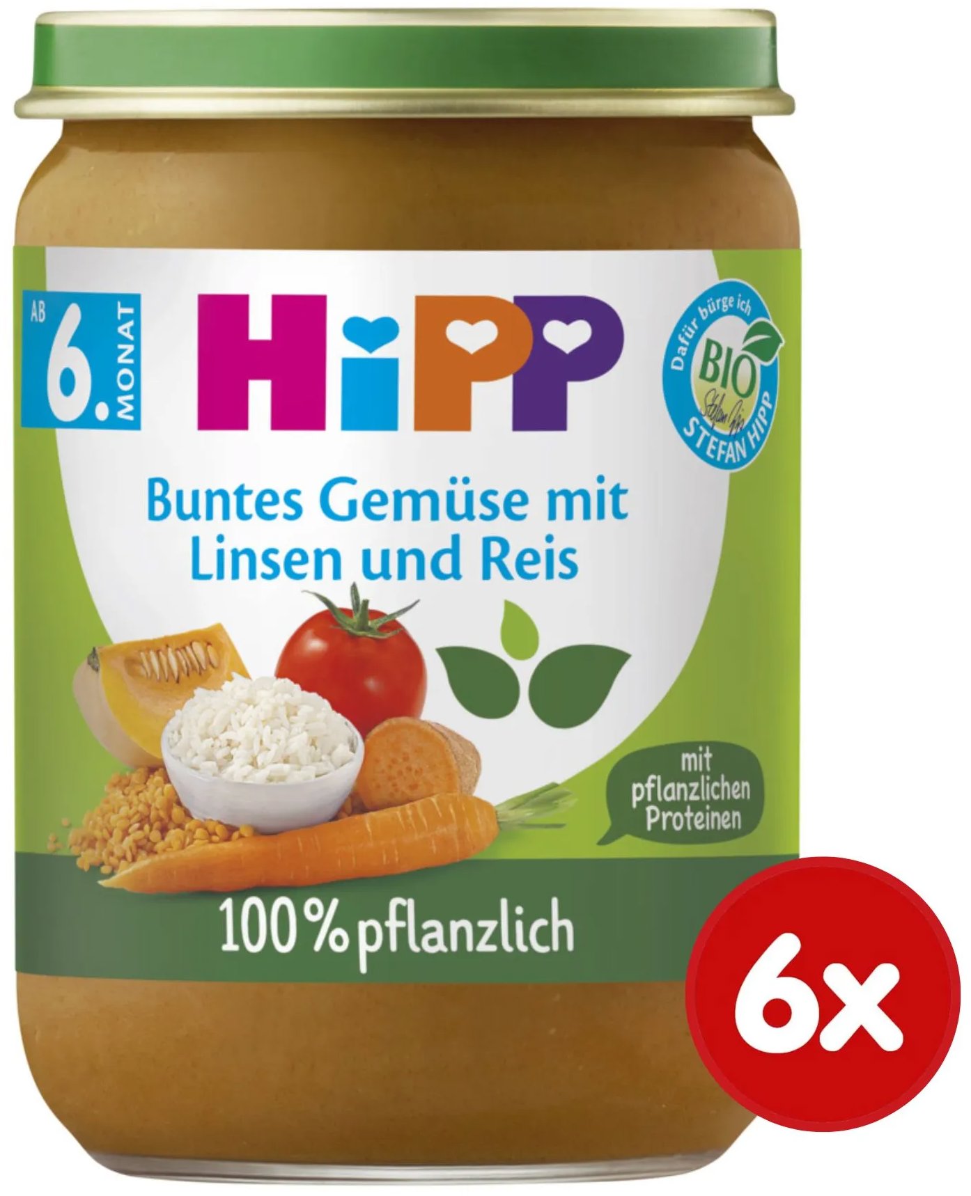 HiPP BIO Zelenina s červenou šošovicou a ryžou, 6× 190 g