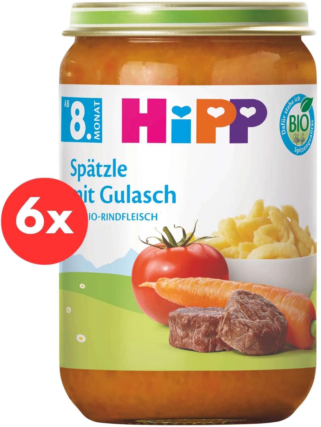Hipp BIO Špecle a guláš s hovädzím mäsom, 6× 220 g