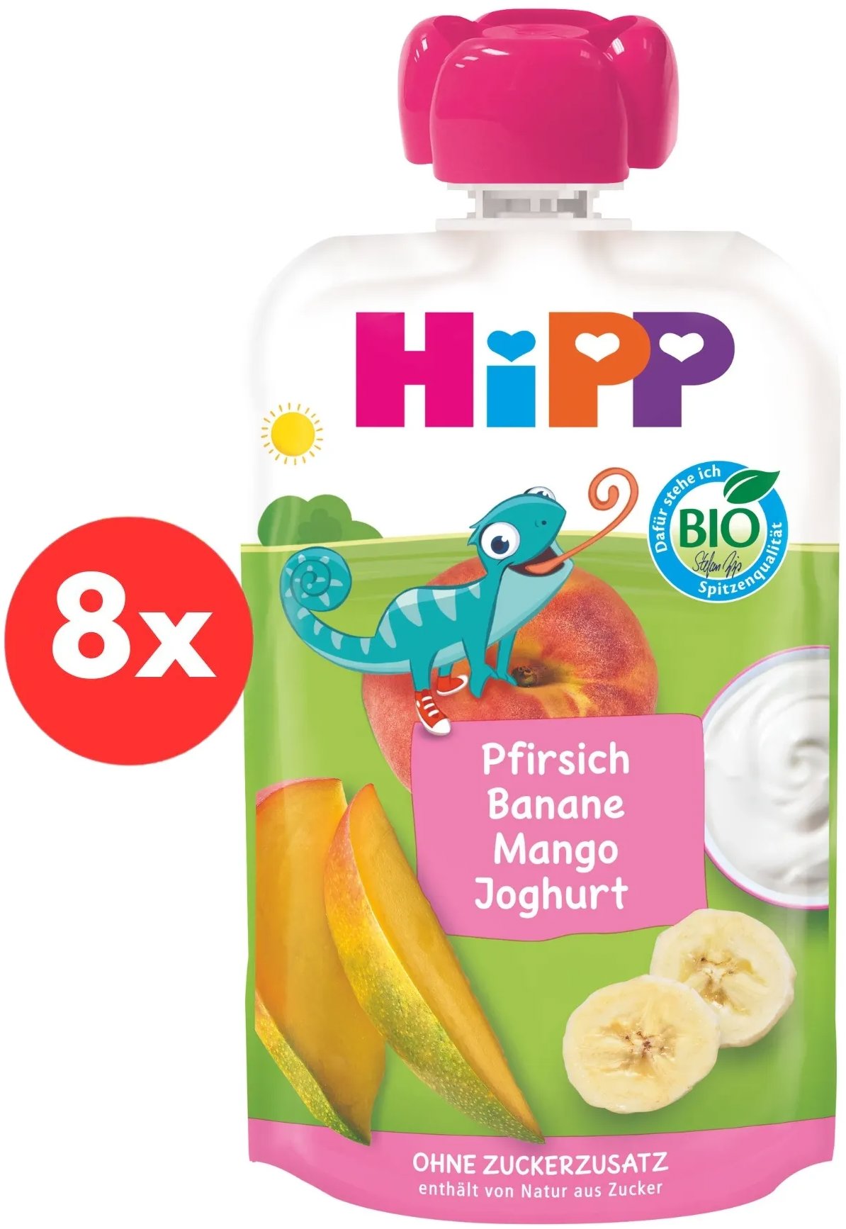 HiPP BIO broskyňa banán mango jogurt, 8× 100 g
