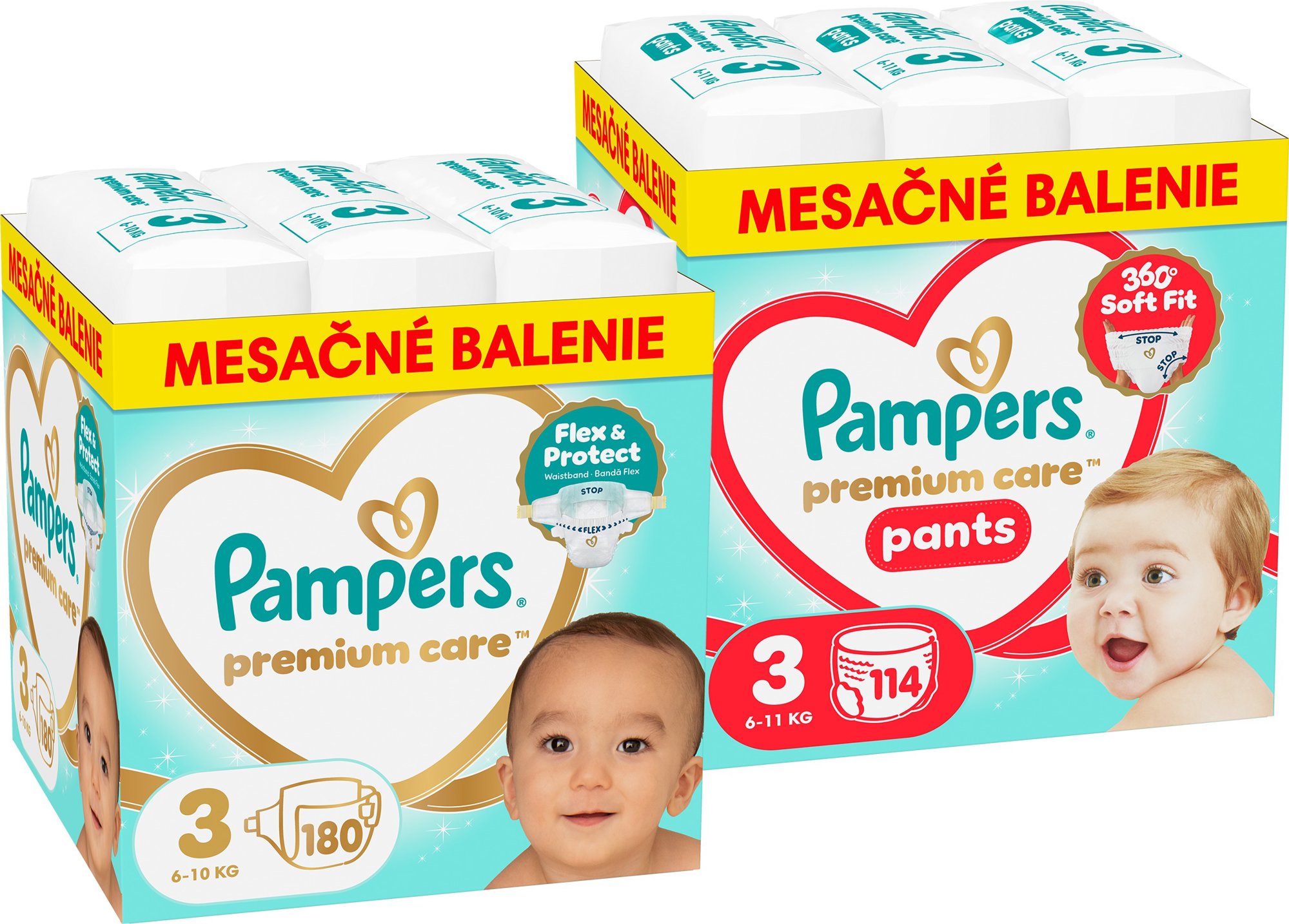 PAMPERS Premium Care Pants veľ. 3 (114 ks) + PAMPERS Premium Care veľ. 3 (180 ks)