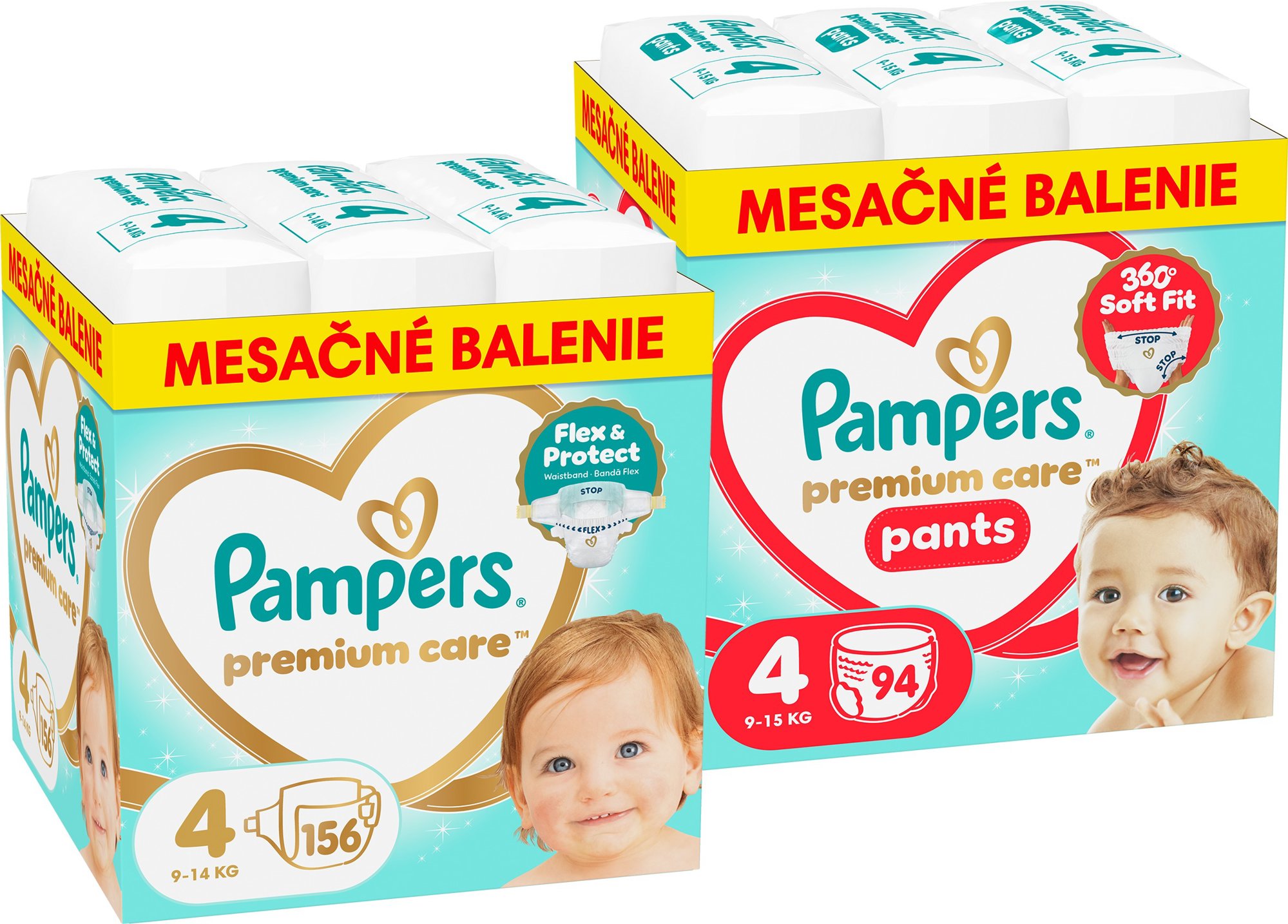 PAMPERS Premium Care Pants veľ. 4 (94 ks) + PAMPERS Premium Care veľ. 4 (156 ks)