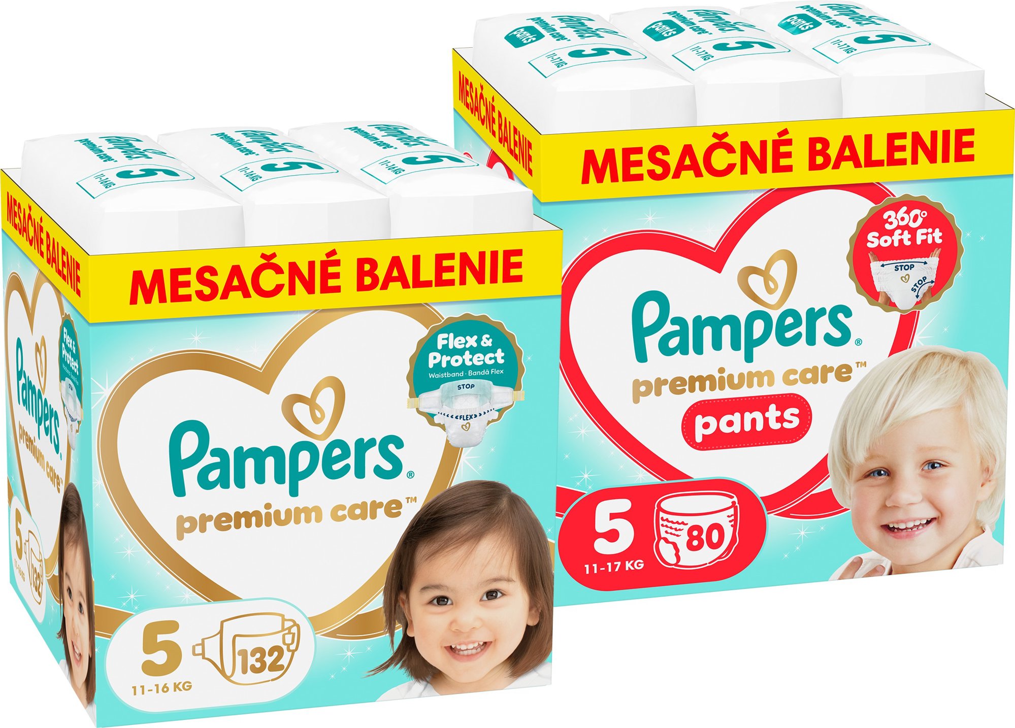 PAMPERS Premium Care Pants veľ. 5 (80 ks) + PAMPERS Premium Care veľ. 5 (132 ks)