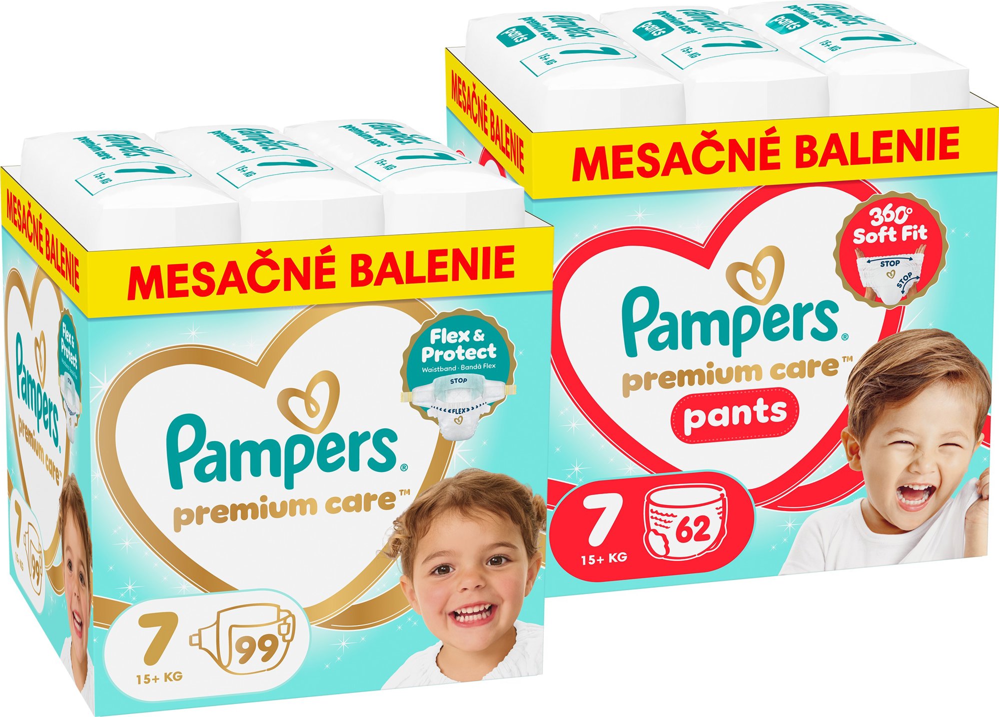 PAMPERS Premium Care Pants veľ. 7 (62 ks) + PAMPERS Premium Care veľ. 7 (99 ks)