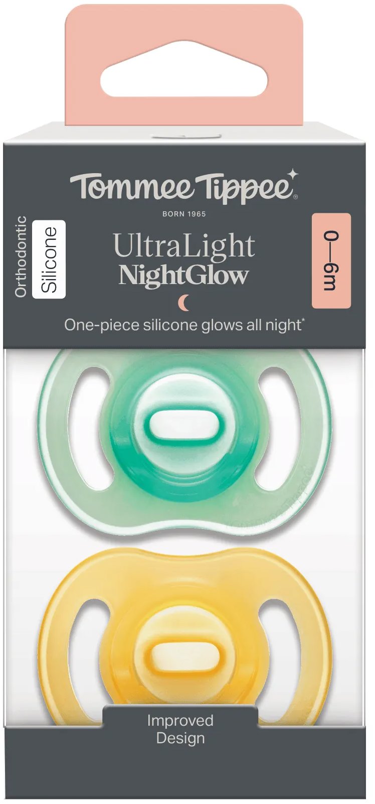 Tommee Tippee Ultra-light Night oranžový a zelený, 0 – 6m, 2 ks