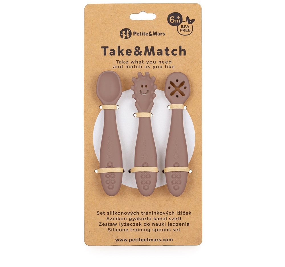 PETITE&MARS Set silikonových tréninkových lžiček Take&Match Velvet Latte 6 m+, 3 ks