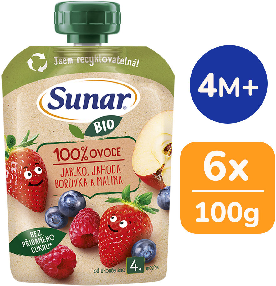 Sunar BIO Jablko jahoda čučoriedka malina 6× 100 g