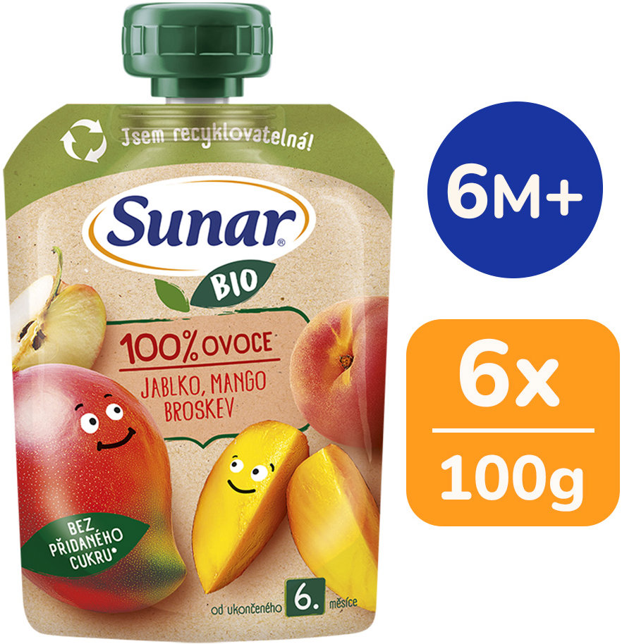 Sunar BIO Jablko mango broskyňa 6× 100 g
