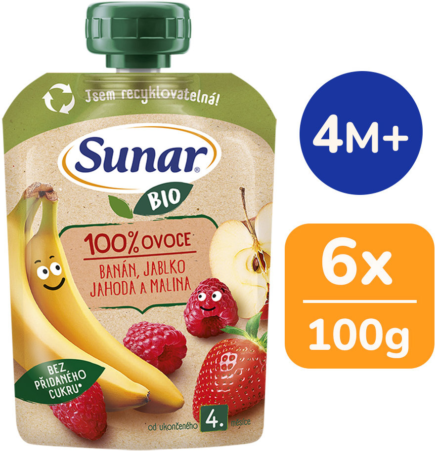 Sunar BIO banán, jablko, jahoda, malina 6× 100 g