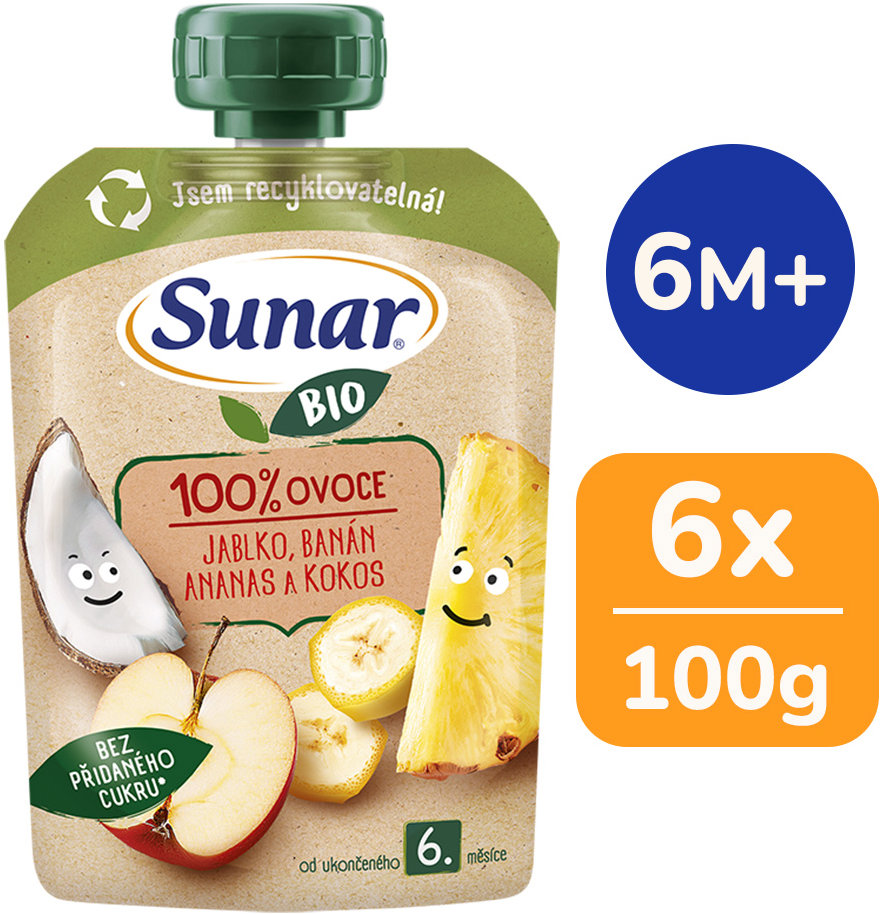 Sunar BIO Jablko banán ananás kokos 6× 100 g