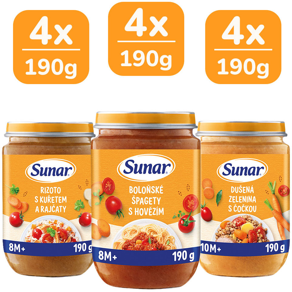 Sunar mäsovozeleninový príkrm mix príchutí 8/10m+, 12× 190 g