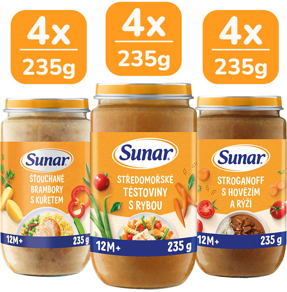 Sunar mäsovozeleninový príkrm mix príchutí 12m+, 12× 235 g