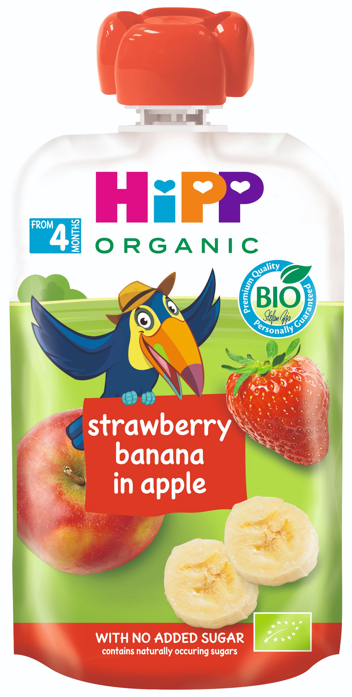 HiPP BIO 100 % ovocie Jablko-Banán-Jahoda od uk. 4. mesiaca, 100 g