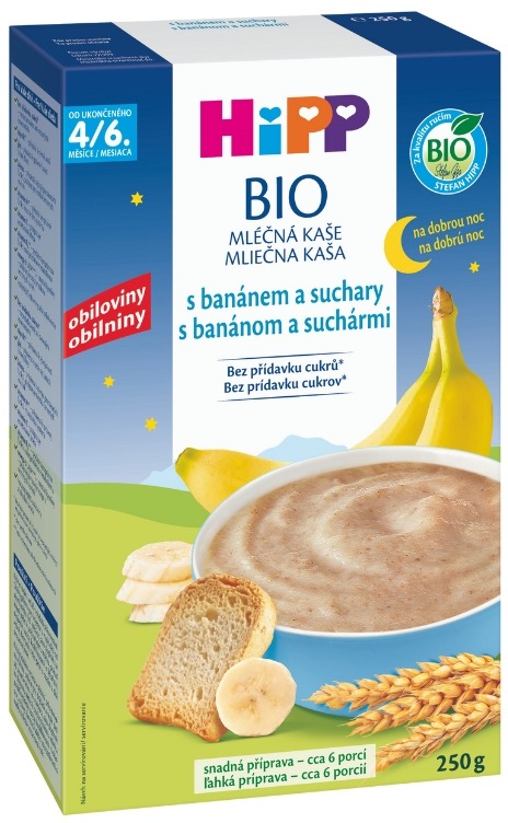 HiPP BIO Mliečna kaša na dobrú noc s banánom a suchármi 250 g