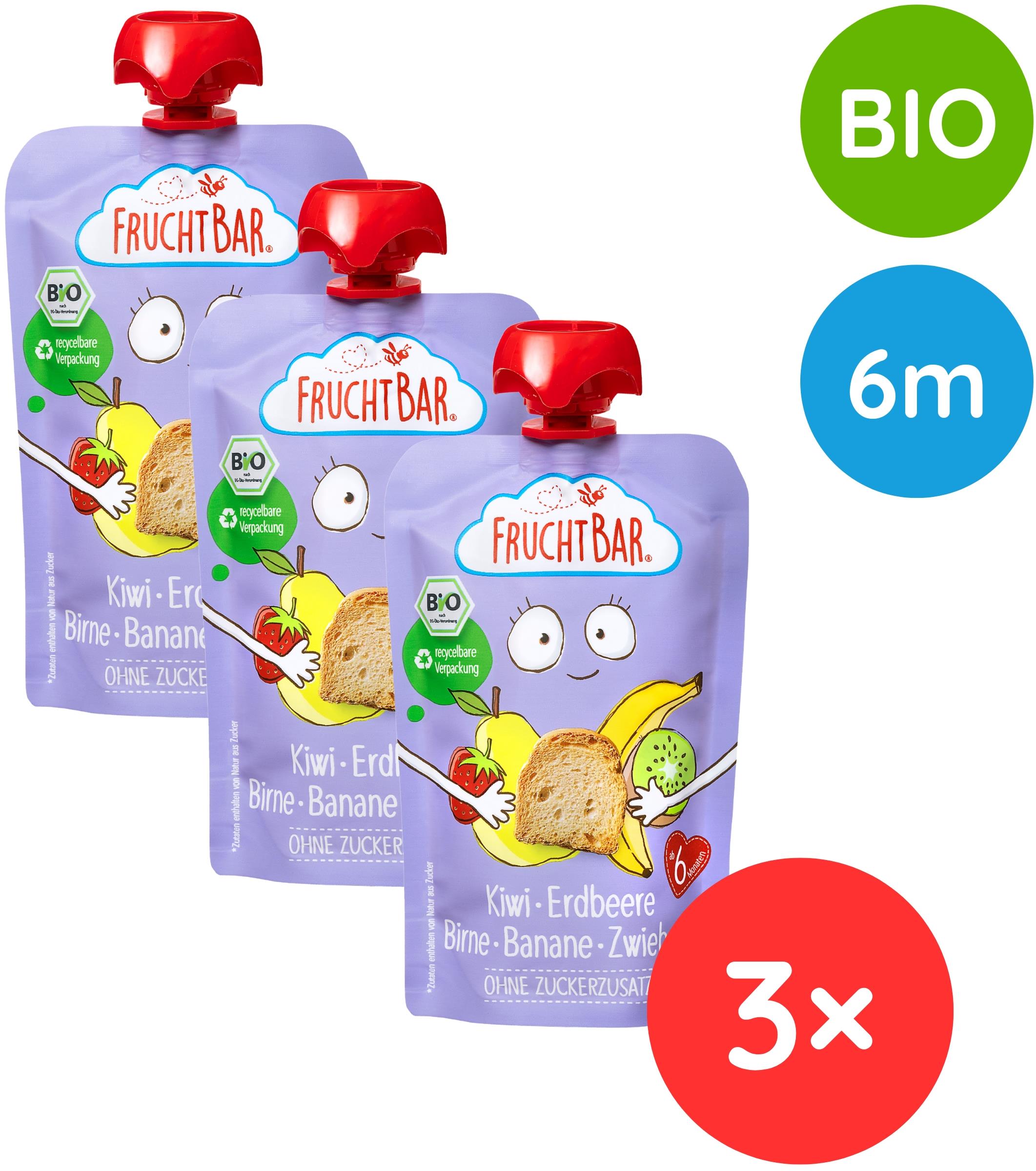 FruchtBar BIO ovocné vrecko s jahodami, banánom, hruškou, kivi a suchárom 3× 100 g