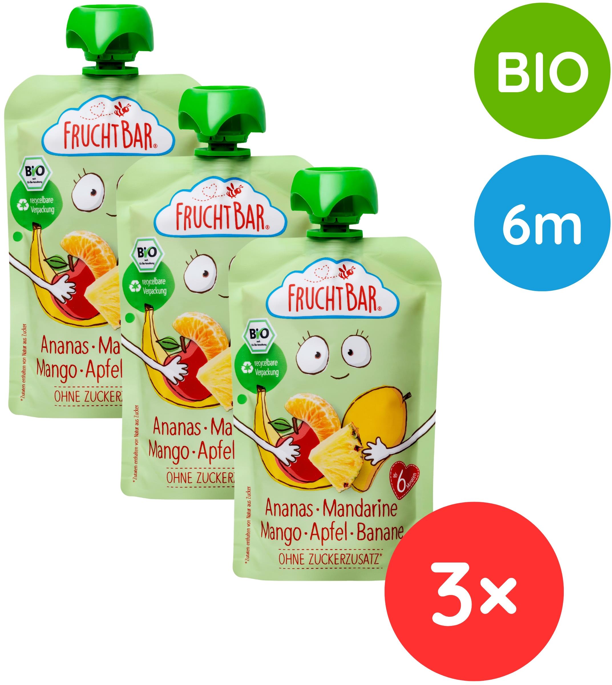 FruchtBar BIO ovocné vrecko s jablkom, ananásom, mangom, banánom a mandarínkou 3× 100 g