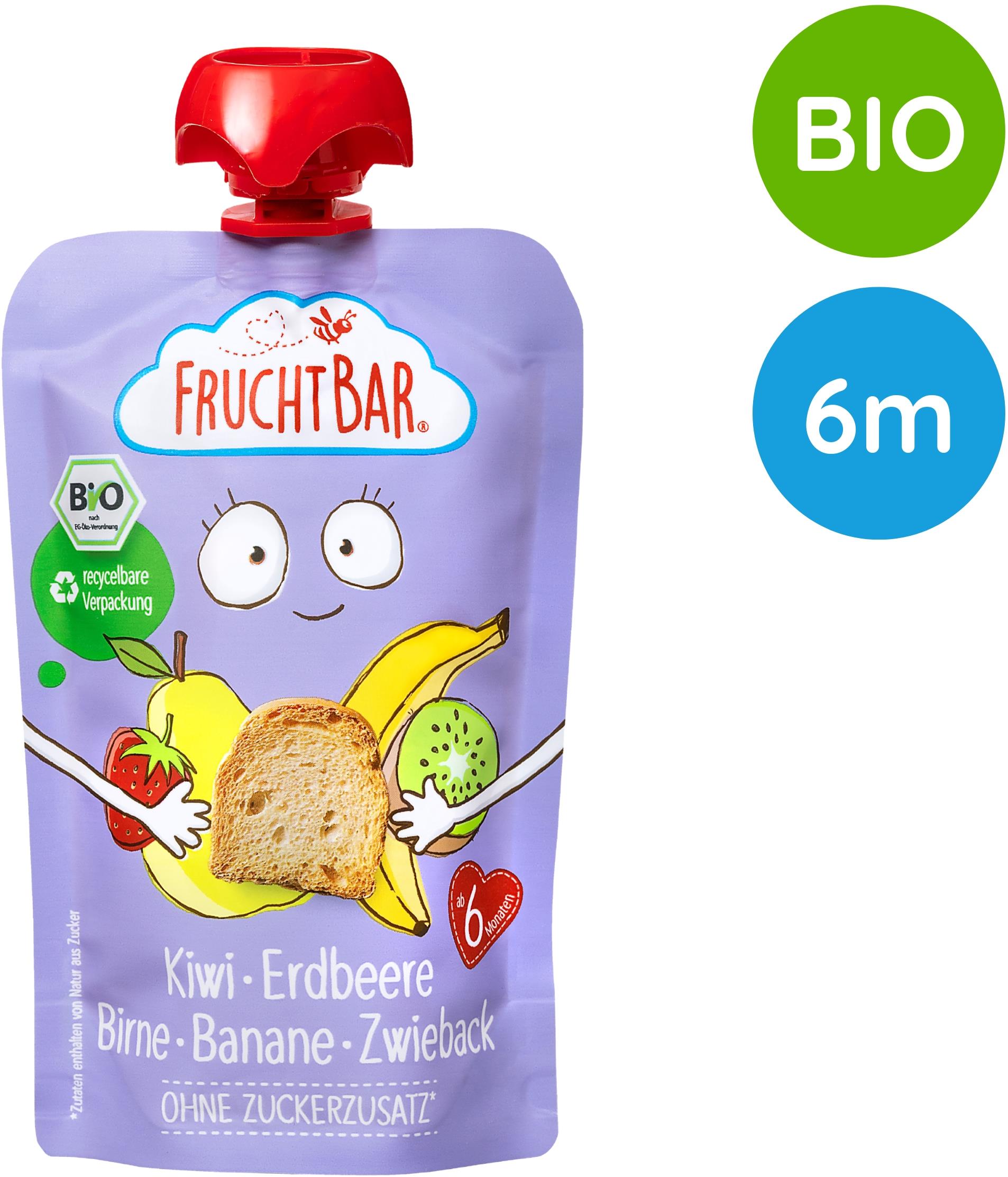 FruchtBar BIO ovocné vrecko s jahodami, banánom, hruškou, kivi a suchárom 100 g