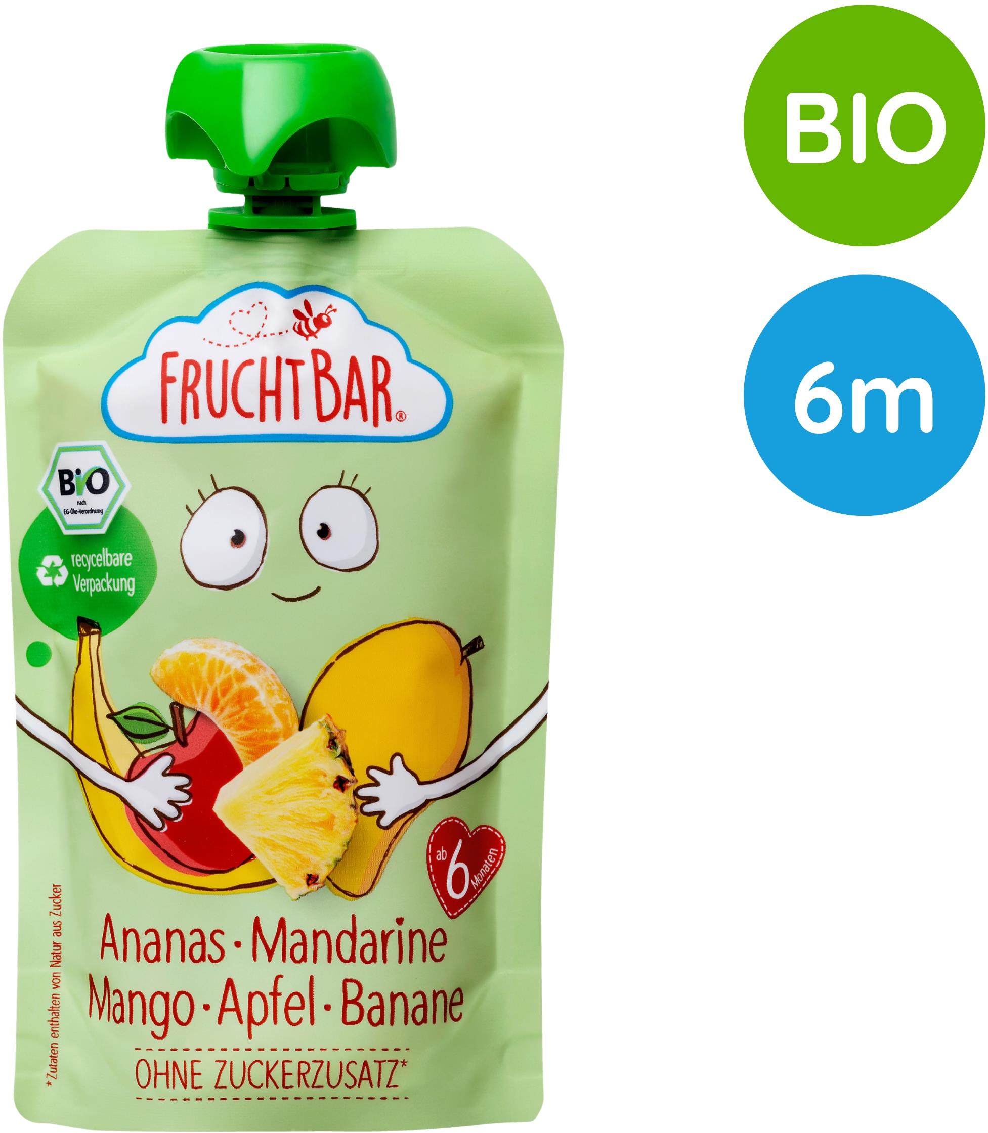 FruchtBar BIO ovocné vrecko s jablkom, ananásom, mangom, banánom a mandarínkou 100 g