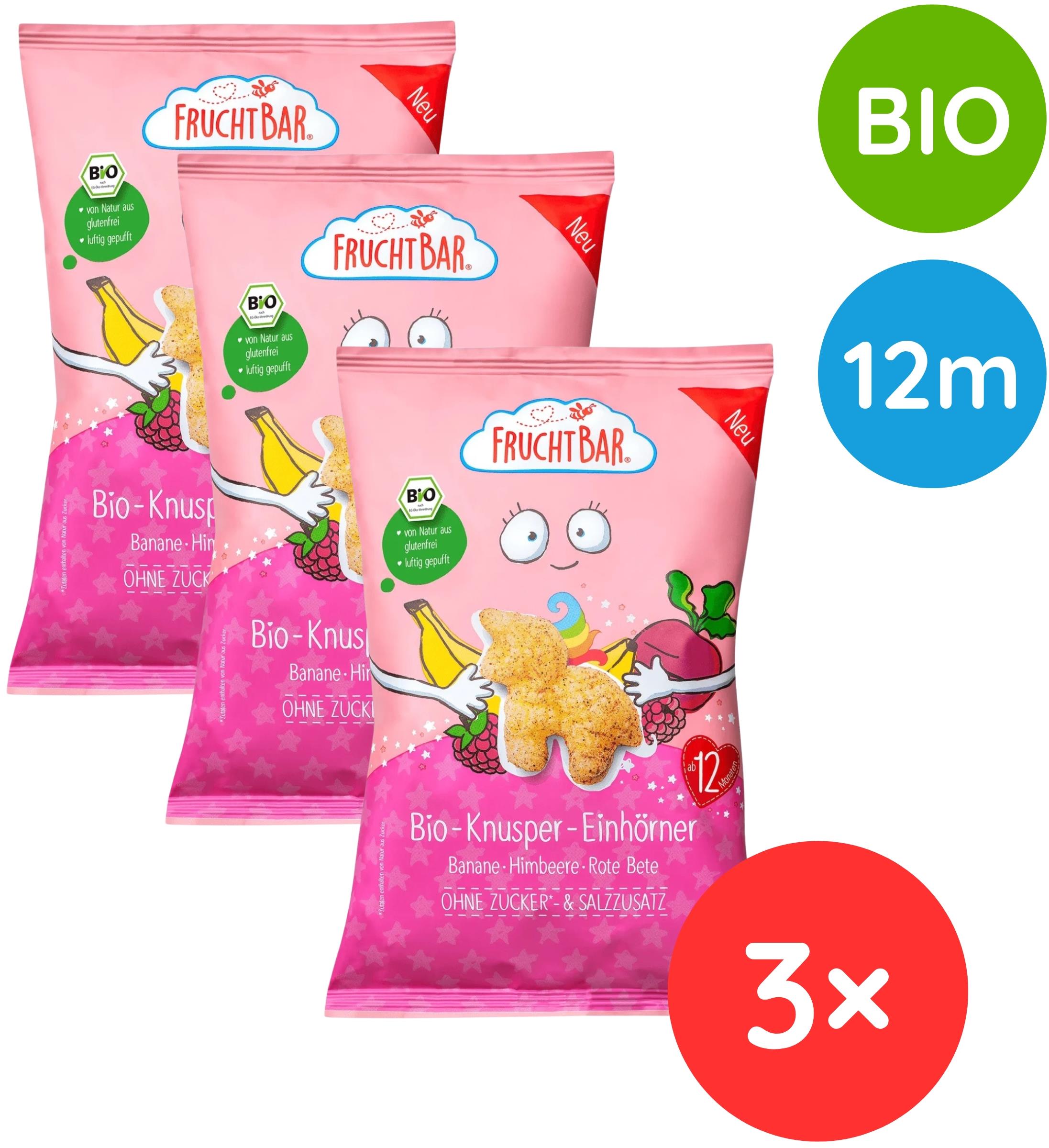 FruchtBar BIO chrumky jednorožec kukurica, banán, malina a repa 3× 30 g