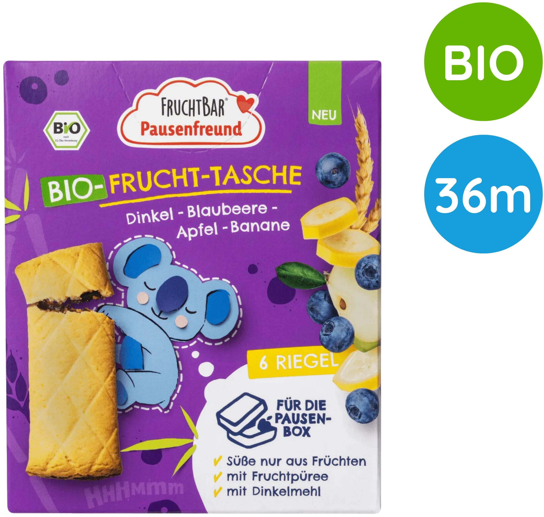 FruchtBar BIO špaldové taštičky jablko, čučoriedky a banán 6× 22 g