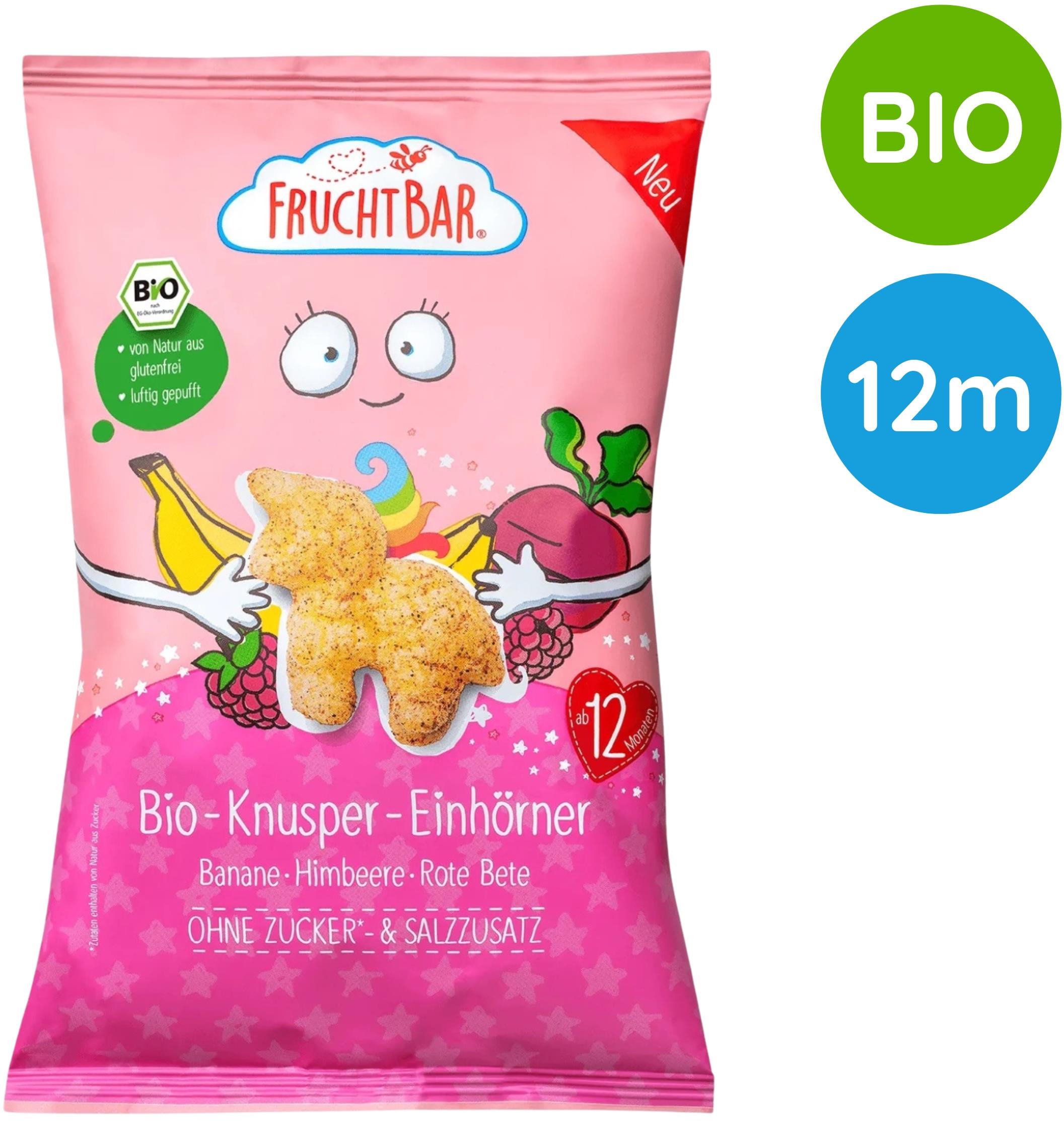 FruchtBar BIO chrumky jednorožec kukurica, banán, malina a repa 30 g