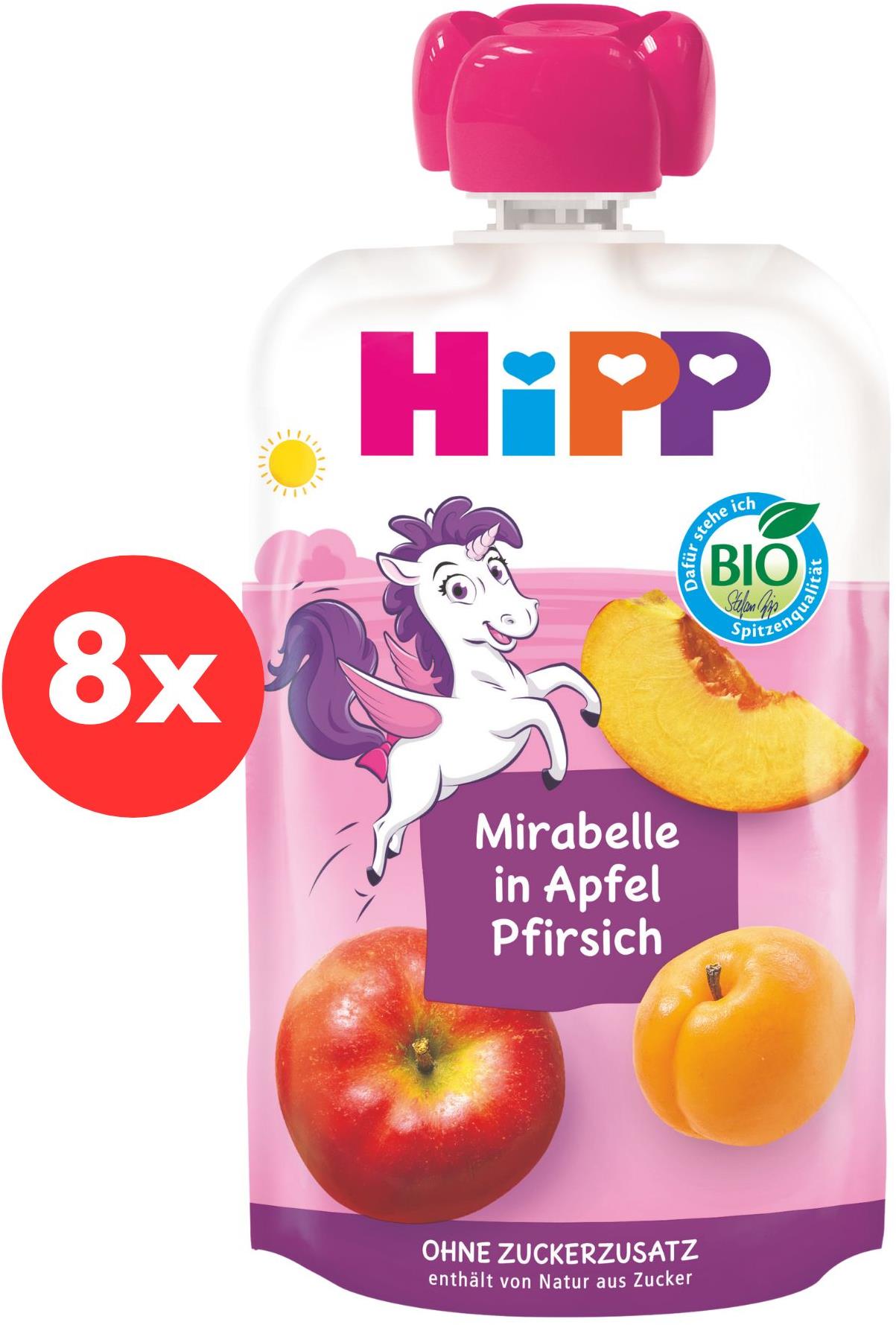 HiPP BIO Hippies Jablko Broskyňa Mirabelka 8× 100 g