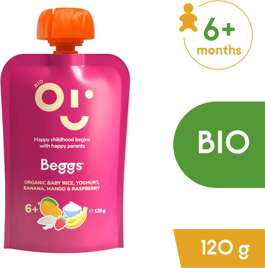 Beggs BIO Detská ryža s jogurtom, banánom, mangom a malinami 120 g